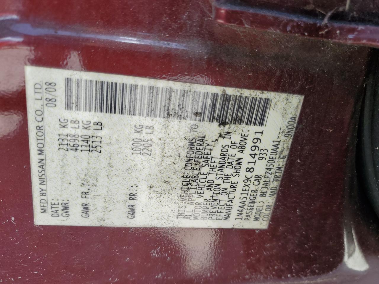 2009 Nissan Maxima S VIN: 1N4AA51EX9C814991 Lot: 60814675