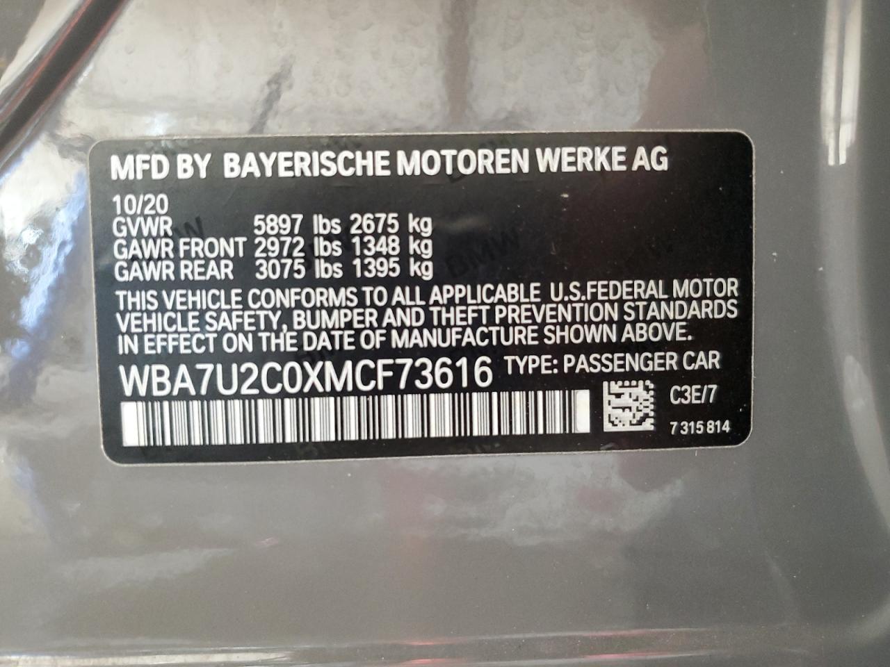 2021 BMW 750 Xi VIN: WBA7U2C0XMCF73616 Lot: 62939935