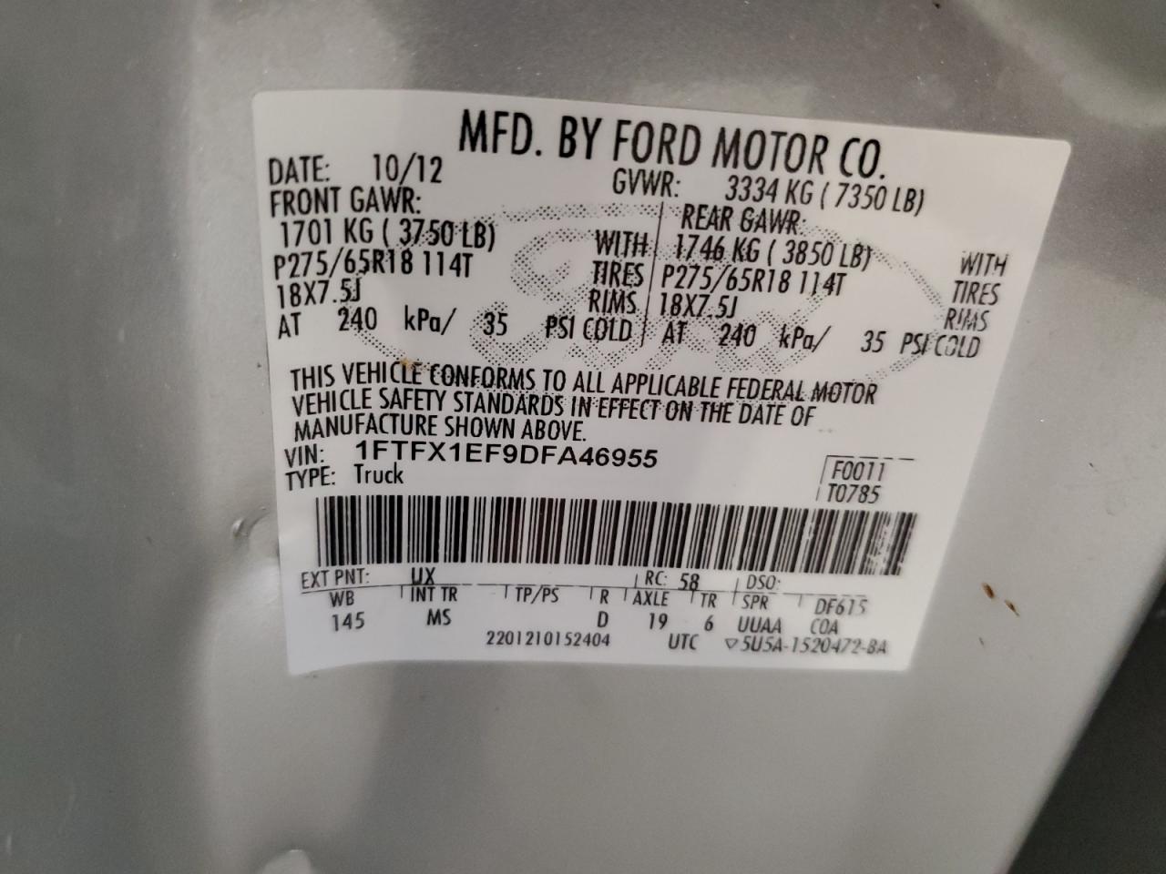 2013 Ford F150 Super Cab VIN: 1FTFX1EF9DFA46955 Lot: 62272785