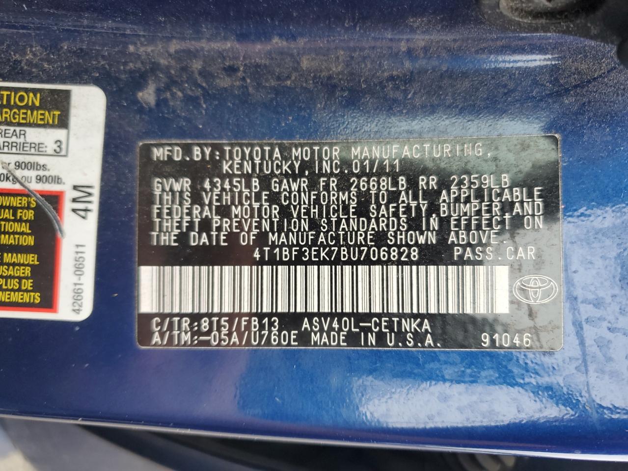 2011 Toyota Camry Base VIN: 4T1BF3EK7BU706828 Lot: 83921805