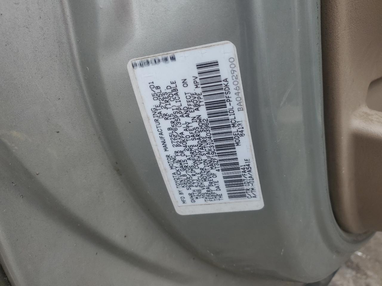 2001 Toyota Sienna Ce VIN: 4T3ZF19C31U403962 Lot: 61254035