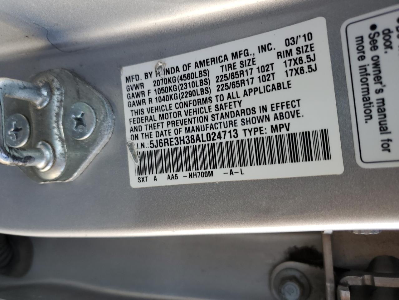 2010 Honda Cr-V Lx VIN: 5J6RE3H38AL024713 Lot: 61064805