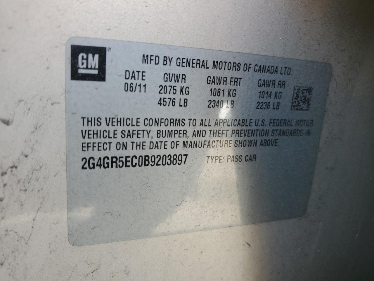 2011 Buick Regal Cxl VIN: 2G4GR5EC0B9203897 Lot: 61540685