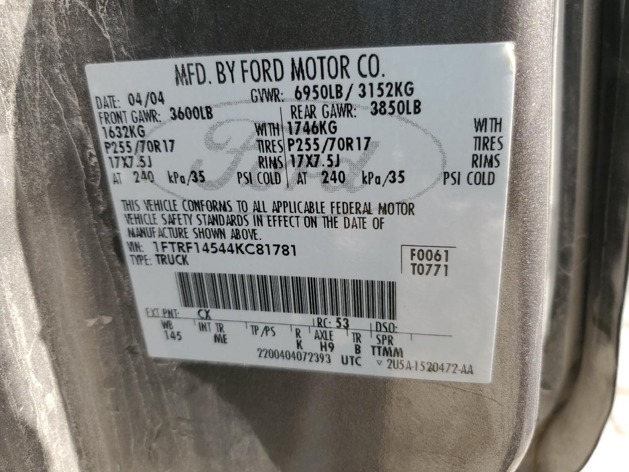 2004 Ford F150 VIN: 1FTRF14544KC81781 Lot: 61990225