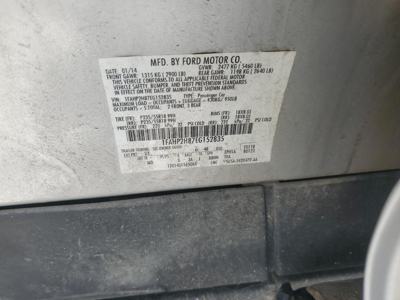 2014 Ford Taurus Sel VIN: 1FAHP2H87EG152835 Lot: 62416375