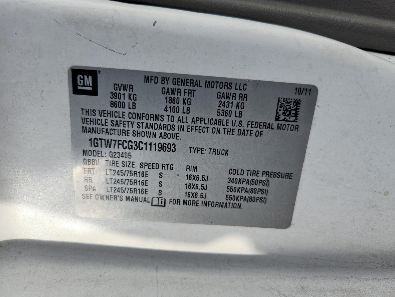 2012 GMC Savana G2500 VIN: 1GTW7FCG3C1119693 Lot: 61926205