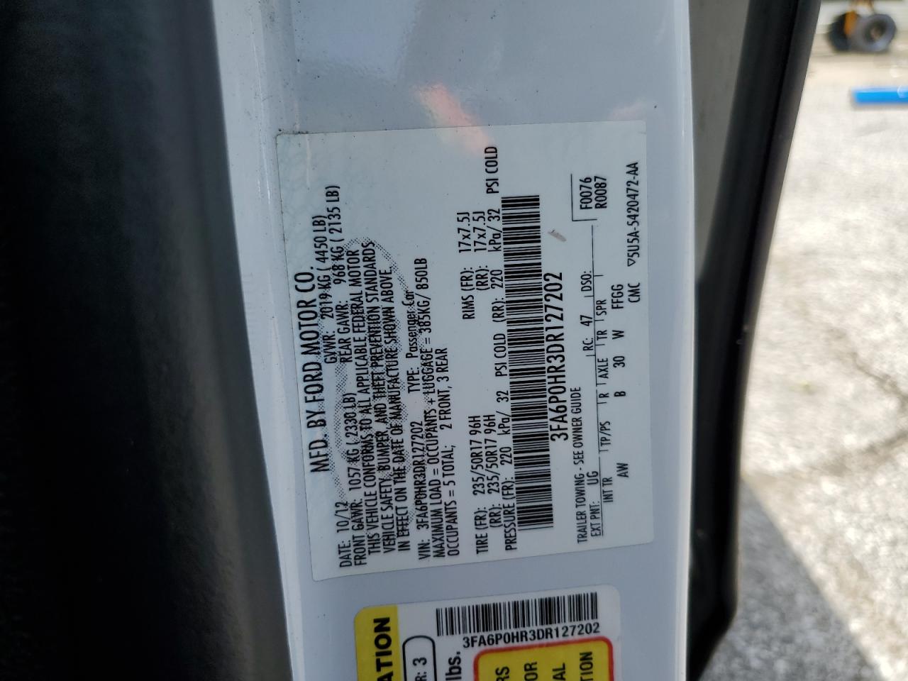 2013 Ford Fusion Se VIN: 3FA6P0HR3DR127202 Lot: 62193805