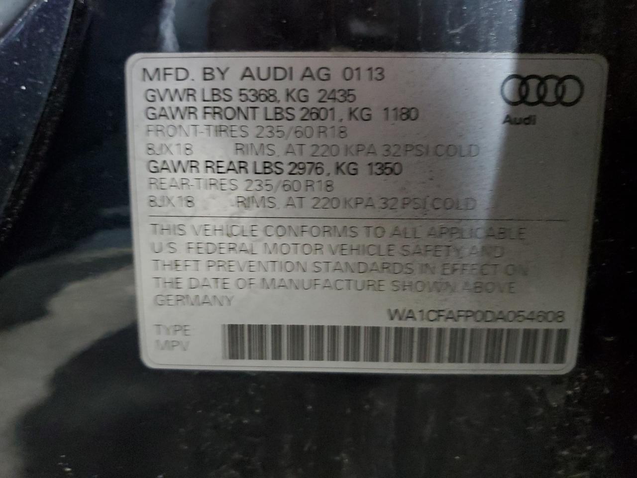 2013 Audi Q5 Premium VIN: WA1CFAFP0DA054608 Lot: 62010995