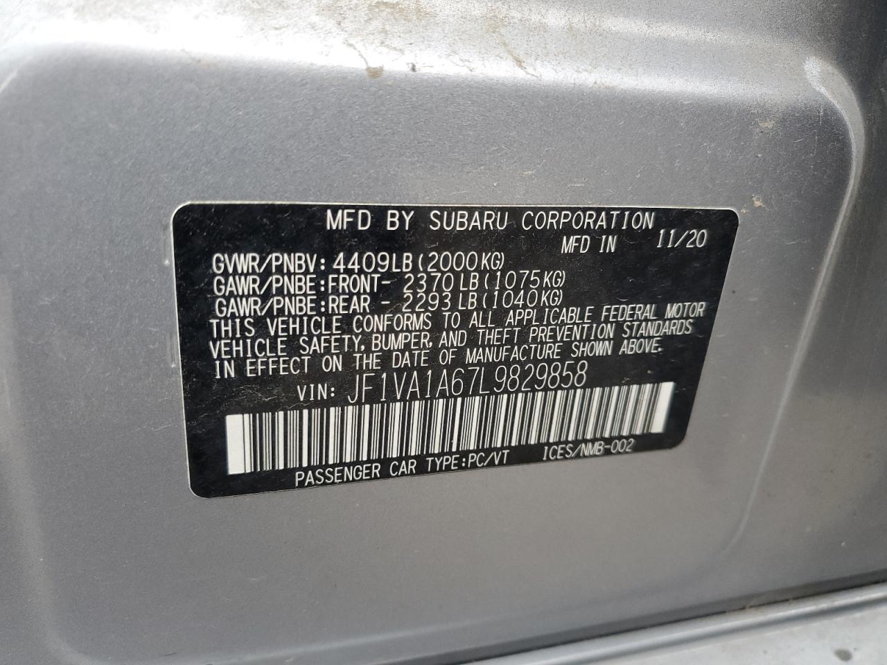 2020 Subaru Wrx VIN: JF1VA1A67L9829858 Lot: 61350365