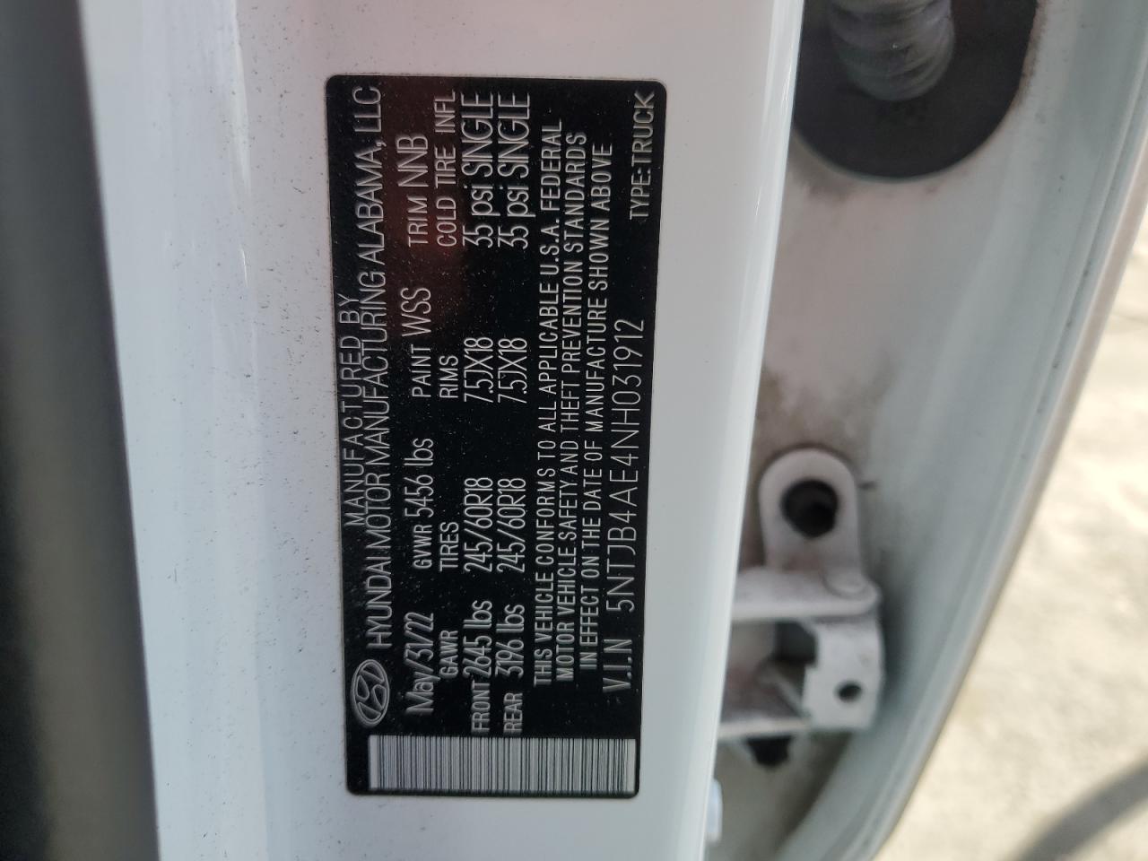 2022 Hyundai Santa Cruz Sel VIN: 5NTJB4AE4NH031912 Lot: 61262235