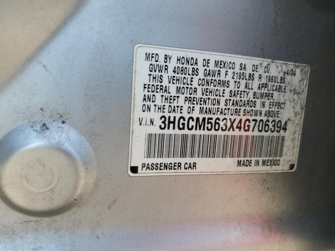 HONDA ACCORD 2004 VIN 3HGCM563X4G706394 фото 12