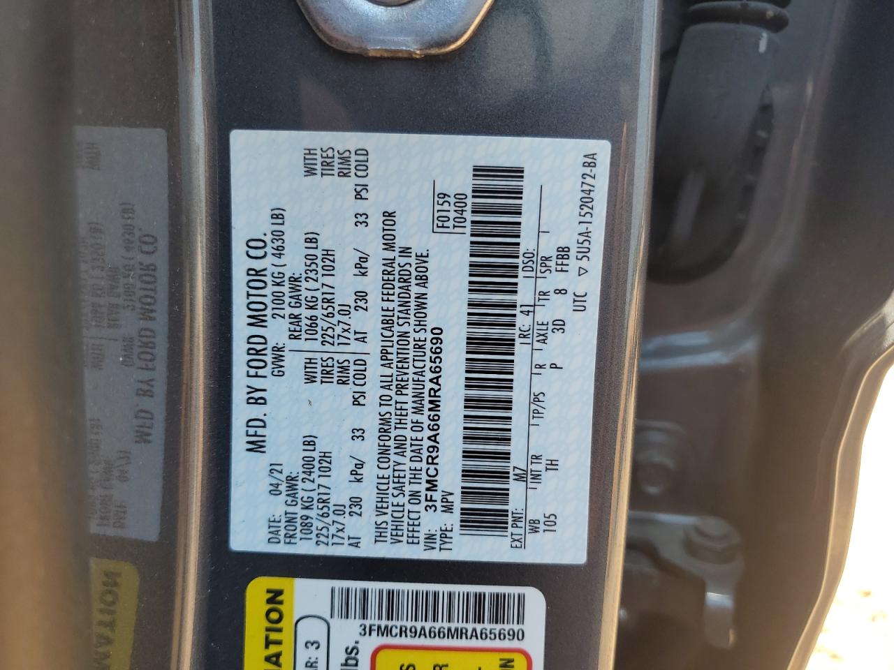 2021 Ford Bronco Sport VIN: 3FMCR9A66MRA65690 Lot: 59631955
