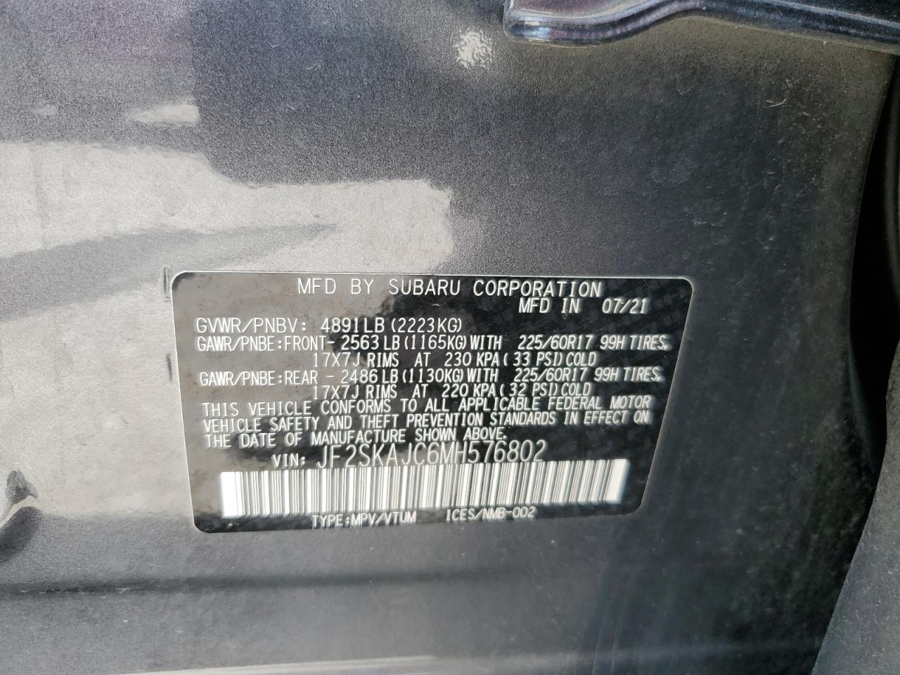 2021 Subaru Forester Premium VIN: JF2SKAJC6MH576802 Lot: 62687545