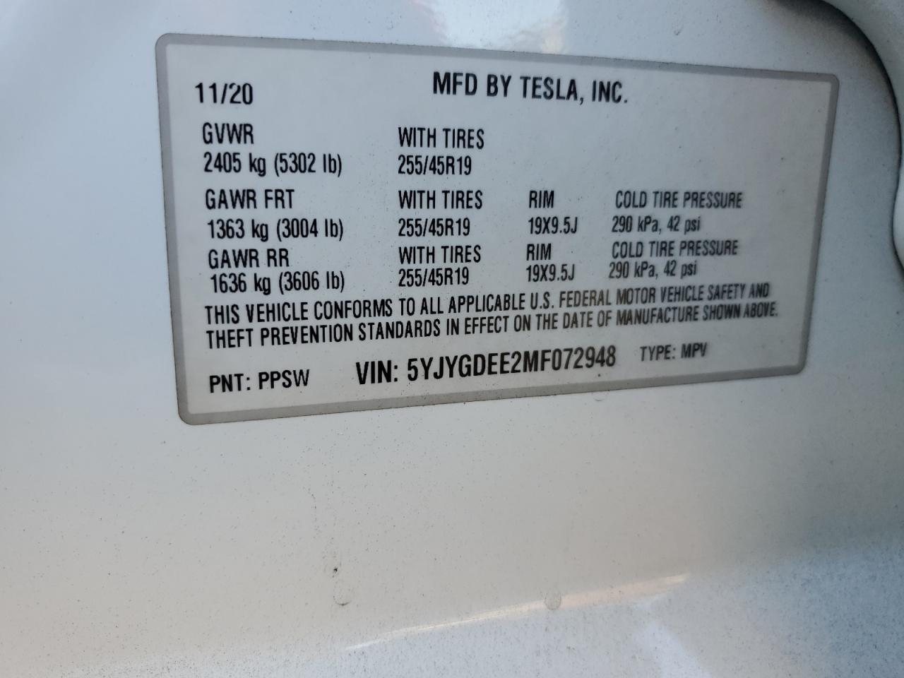 2021 Tesla Model Y VIN: 5YJYGDEE2MF072948 Lot: 62698685