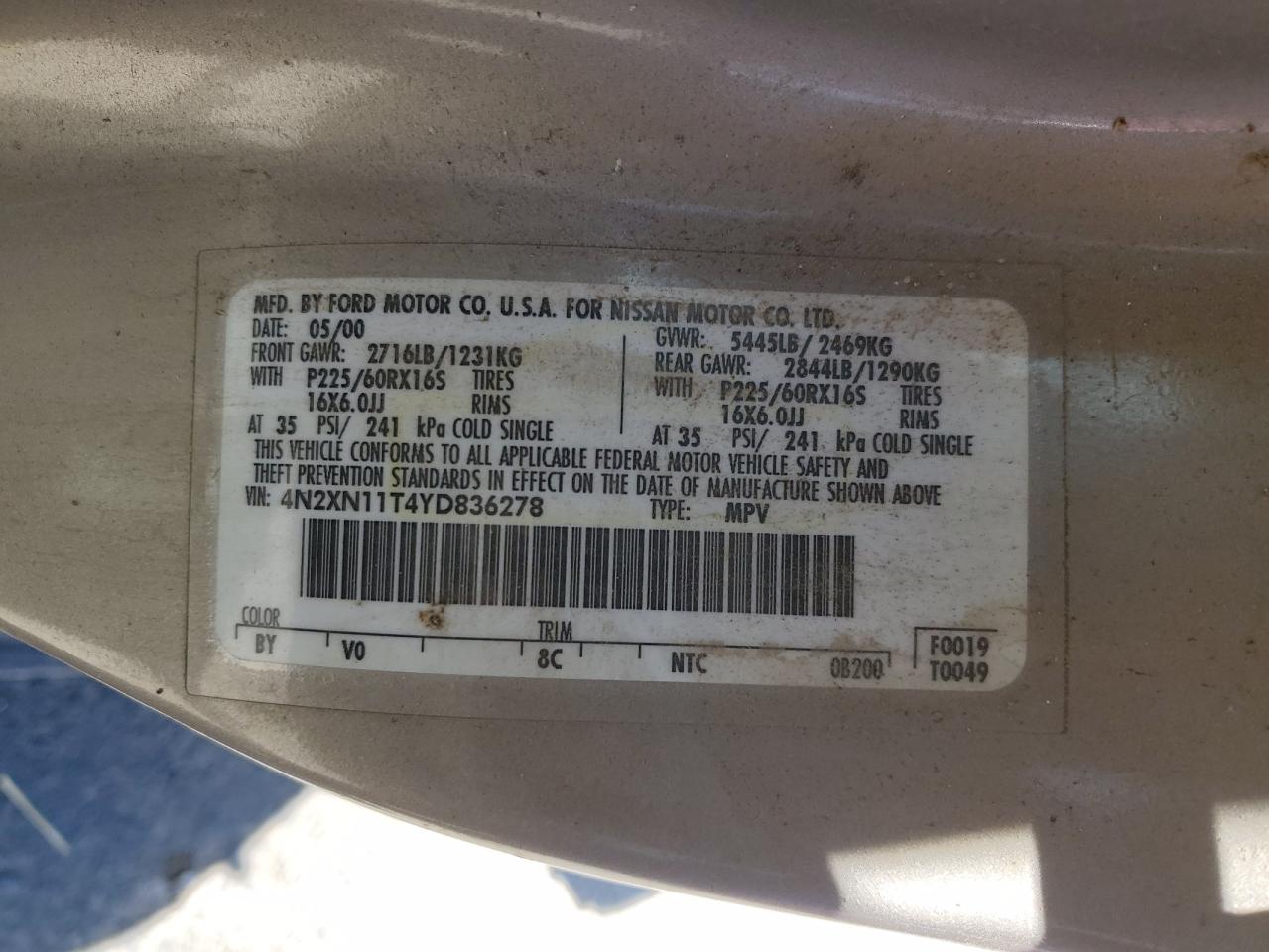 2000 Nissan Quest Se VIN: 4N2XN11T4YD836278 Lot: 60755815