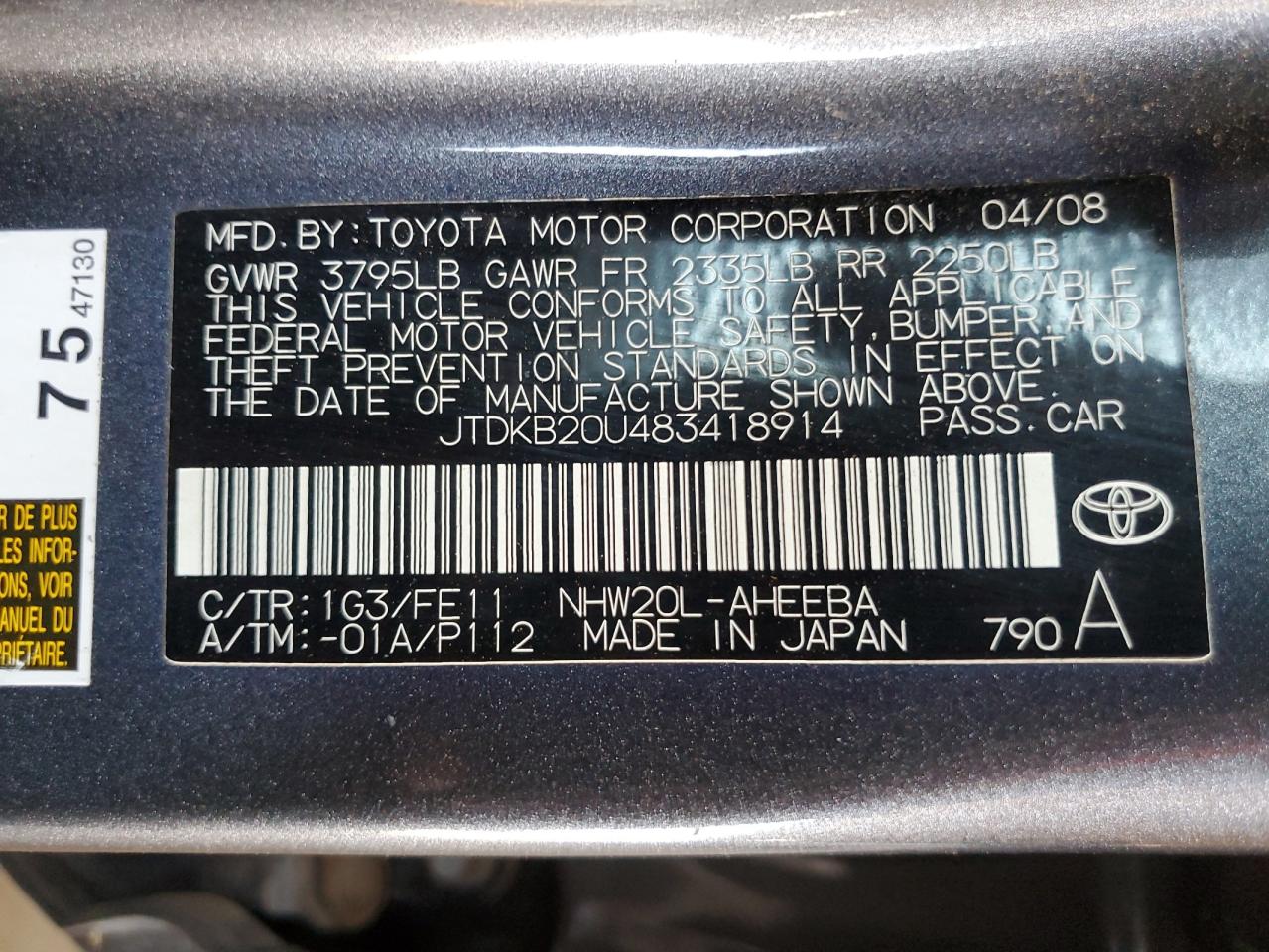 2008 Toyota Prius VIN: JTDKB20U483418914 Lot: 63212905