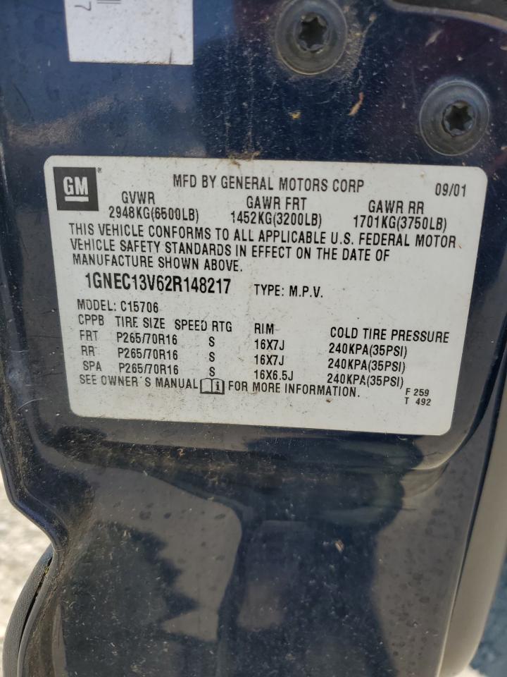 2002 Chevrolet Tahoe C1500 VIN: 1GNEC13V62R148217 Lot: 58536635