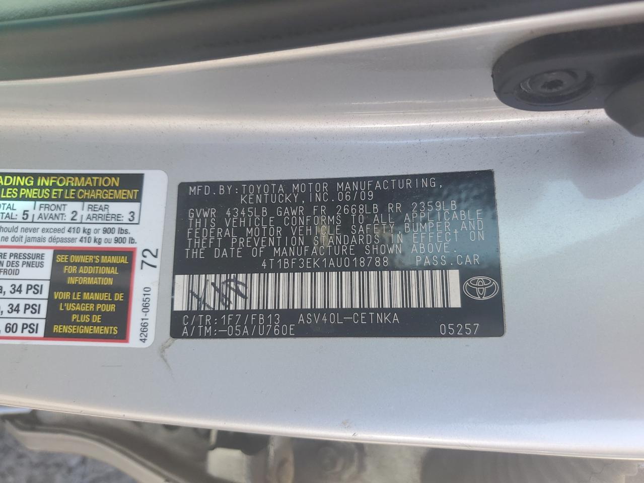 2010 Toyota Camry Base VIN: 4T1BF3EK1AU018788 Lot: 62746715