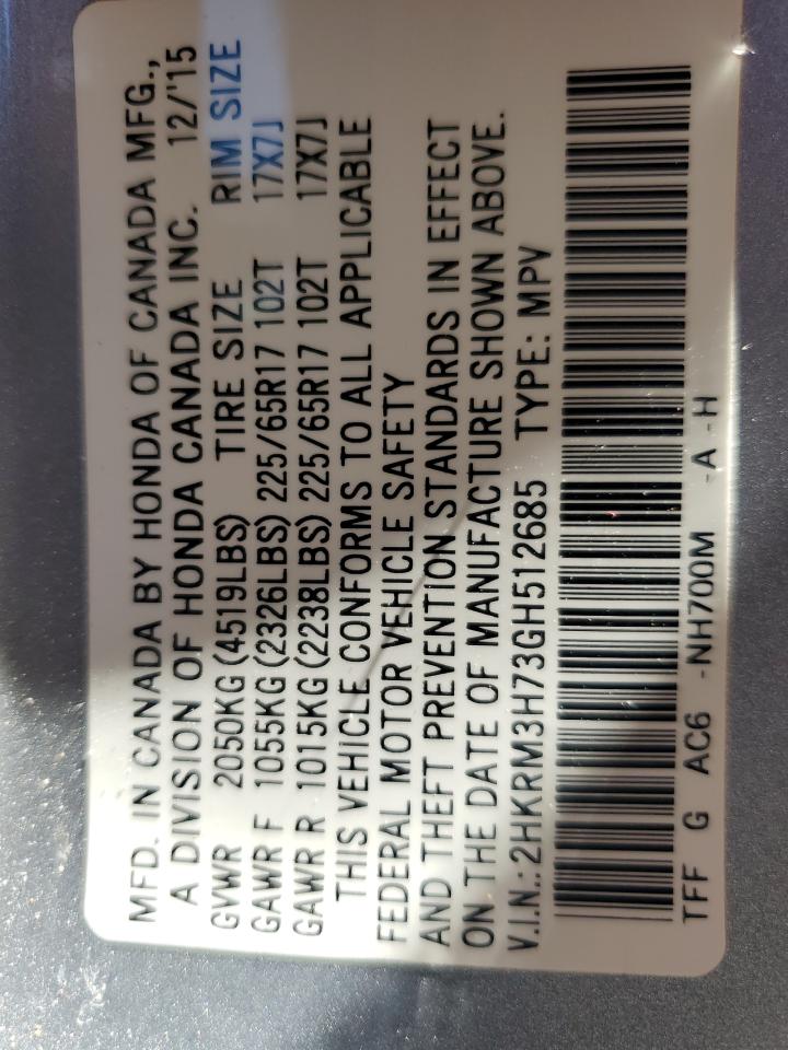 2016 Honda Cr-V Exl VIN: 2HKRM3H73GH512685 Lot: 63328285