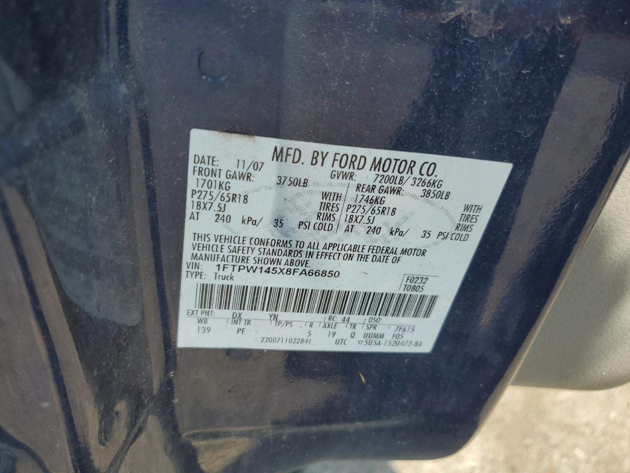 2008 Ford F150 Supercrew VIN: 1FTPW145X8FA66850 Lot: 61961355