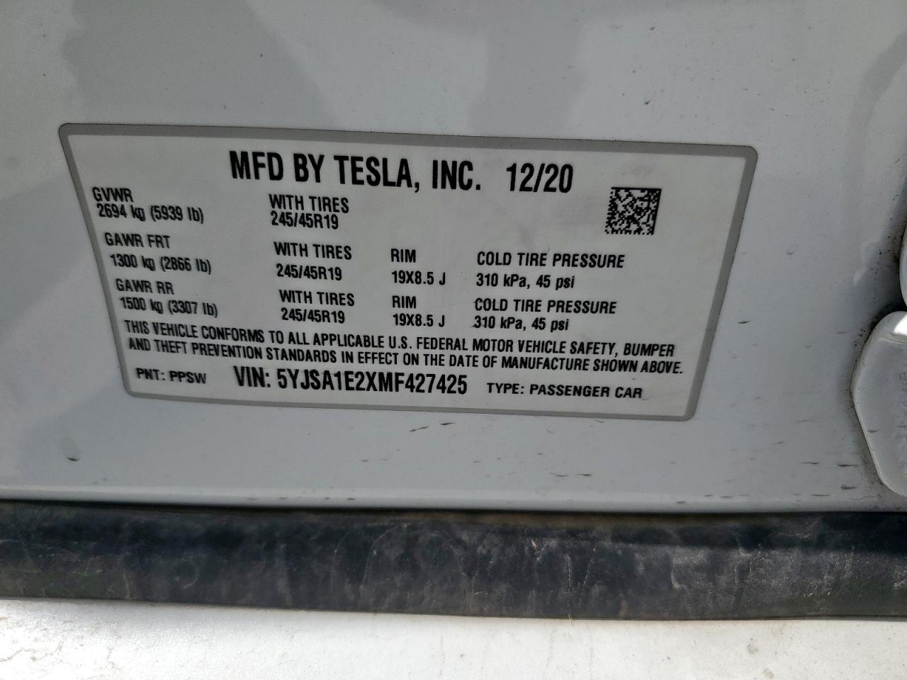2021 Tesla Model S VIN: 5YJSA1E2XMF427425 Lot: 61996075