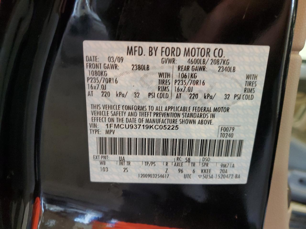 2009 Ford Escape Xlt VIN: 1FMCU93719KC05225 Lot: 63004225
