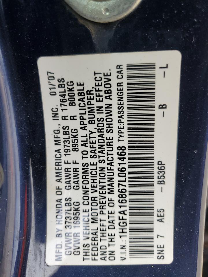 2007 Honda Civic Ex VIN: 1HGFA16867L061468 Lot: 59393835