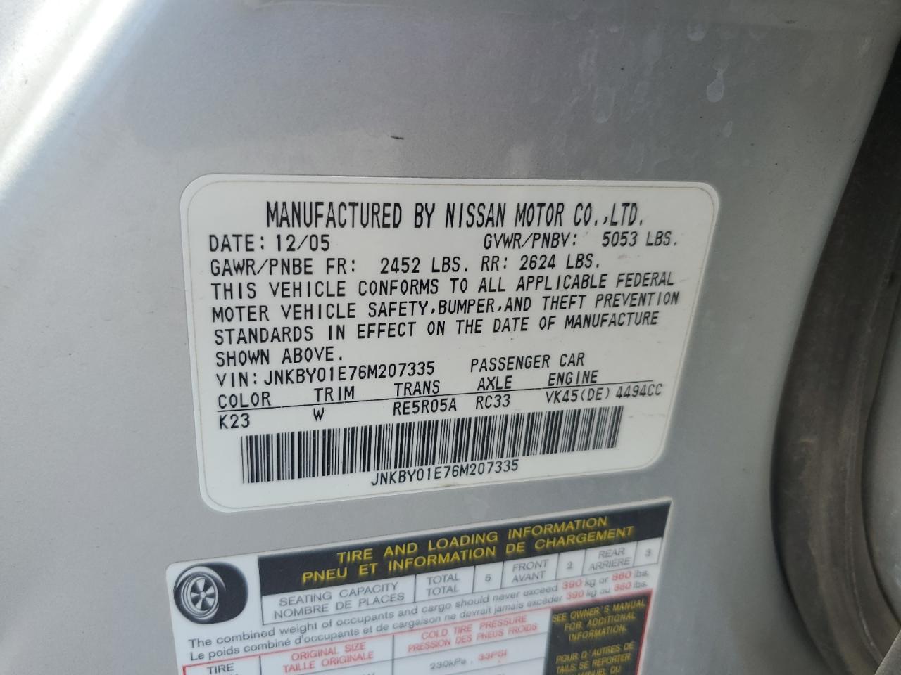 2006 Infiniti M45 Base VIN: JNKBY01E76M207335 Lot: 62013815