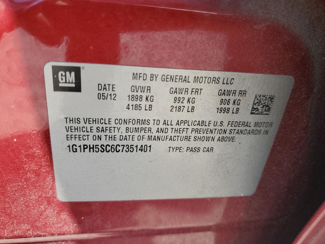CHEVROLET CRUZE 2012 VIN 1G1PH5SC6C7351401 zdjęcie 12