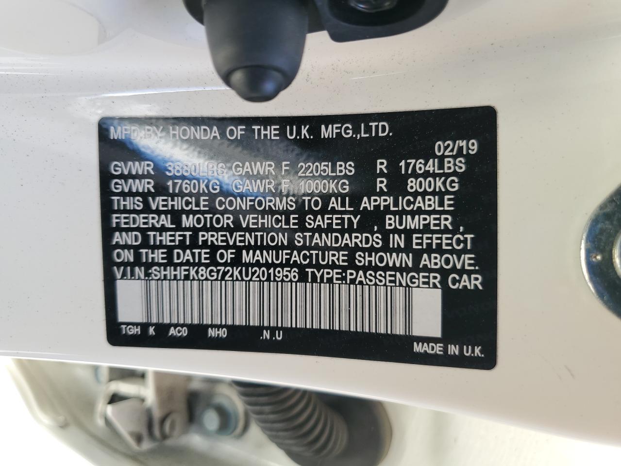 2019 Honda Civic Type-R Touring VIN: SHHFK8G72KU201956 Lot: 62960405