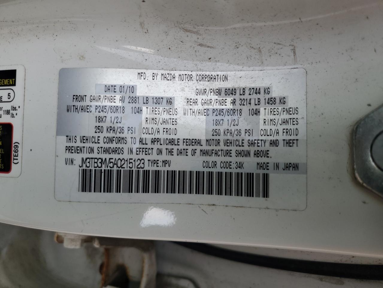 2010 Mazda Cx-9 VIN: JM3TB3MV5A0215123 Lot: 60199125