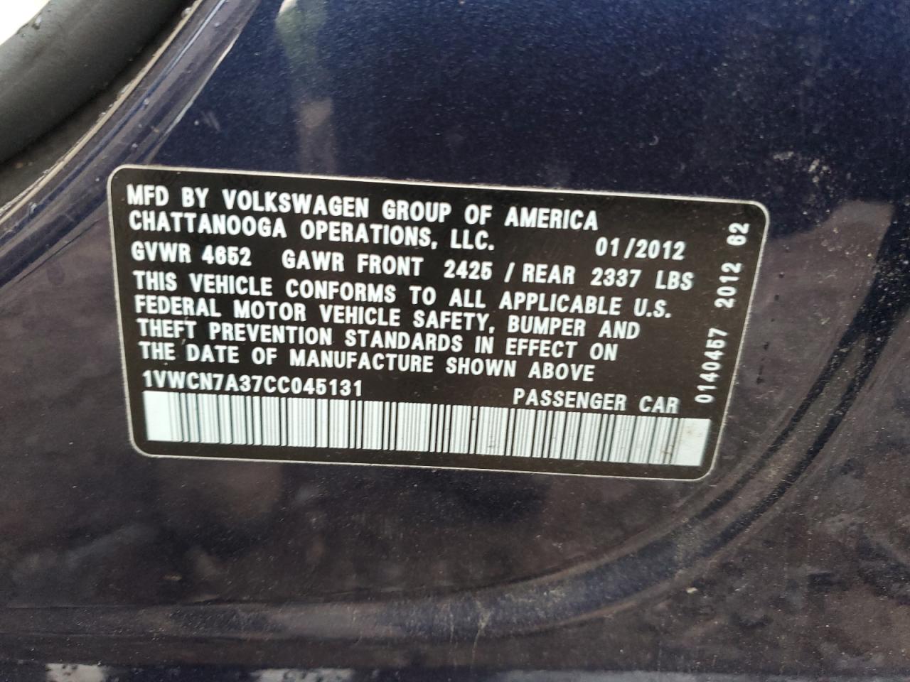 2012 Volkswagen Passat Sel VIN: 1VWCN7A37CC045131 Lot: 62808465
