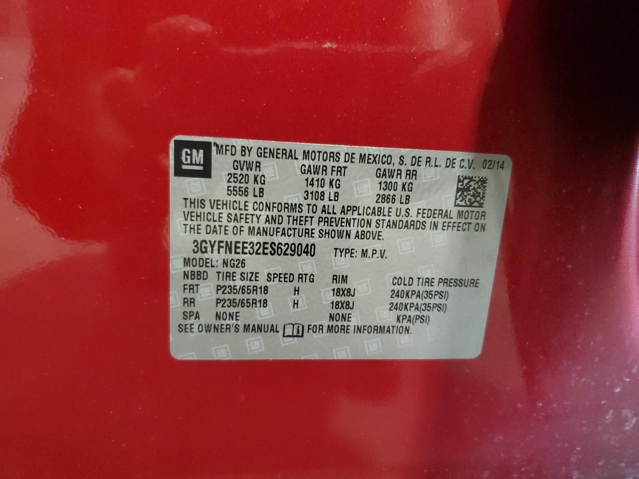 2014 Cadillac Srx Luxury Collection VIN: 3GYFNEE32ES629040 Lot: 62373485