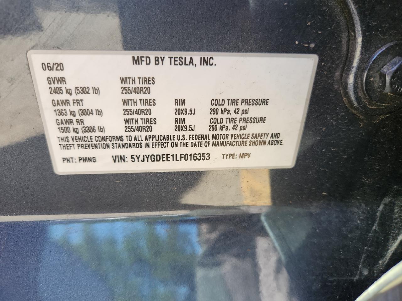 2020 Tesla Model Y VIN: 5YJYGDEE1LF016353 Lot: 62294055