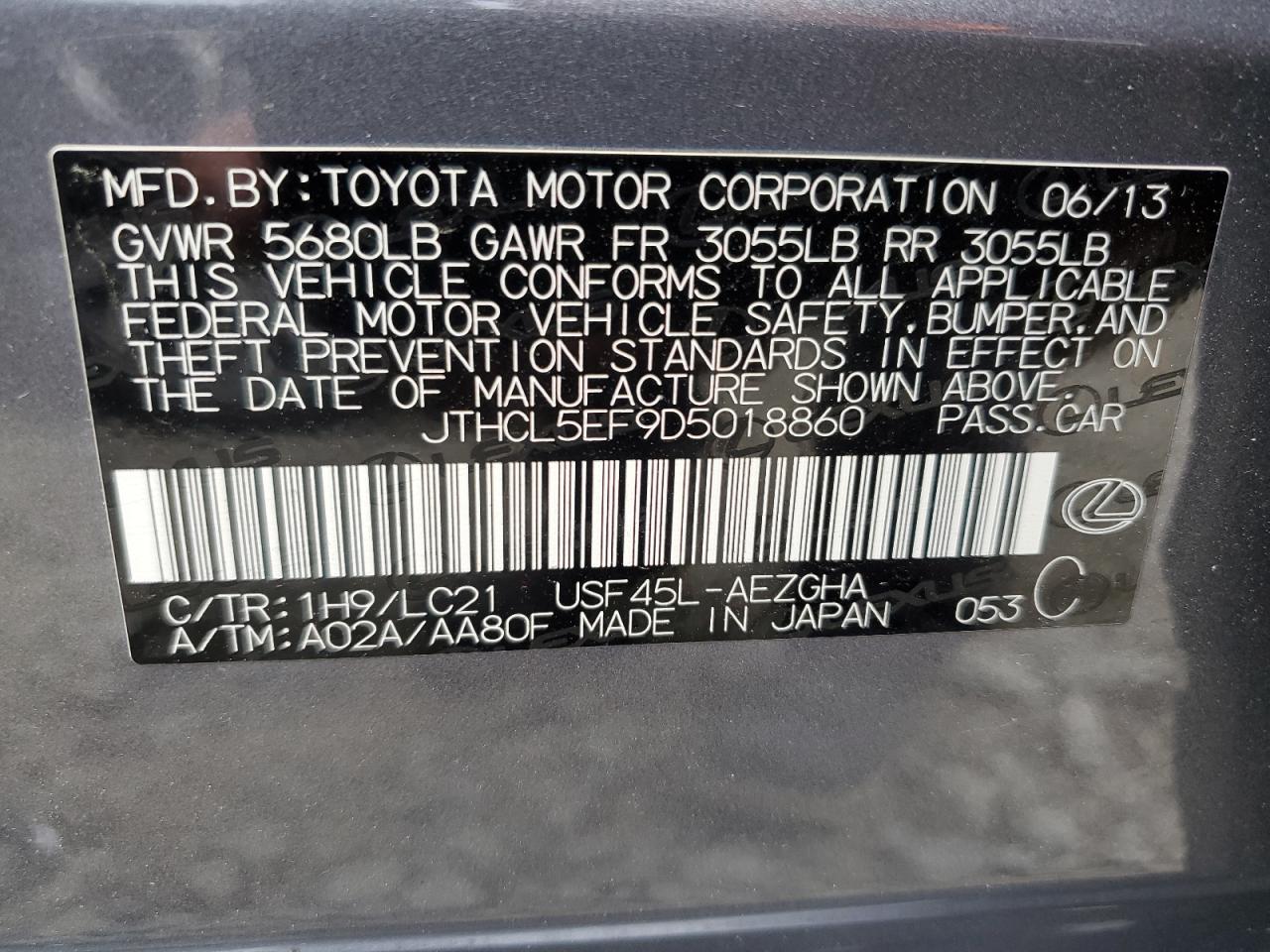 2013 Lexus Ls 460 VIN: JTHCL5EF9D5018860 Lot: 62862525