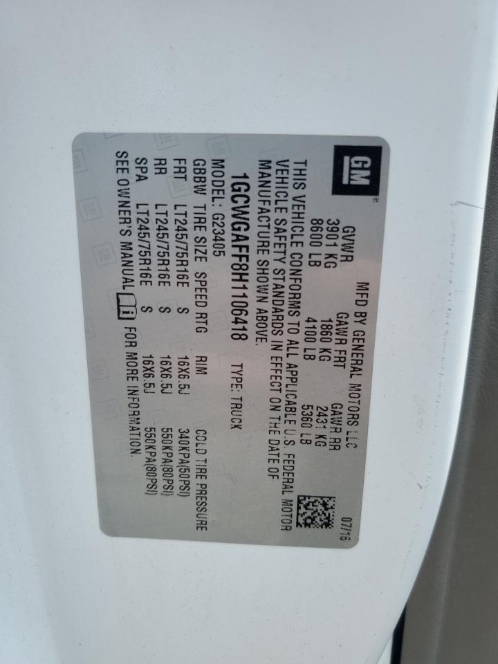 2017 Chevrolet Express G2500 VIN: 1GCWGAFF8H1106418 Lot: 59118525