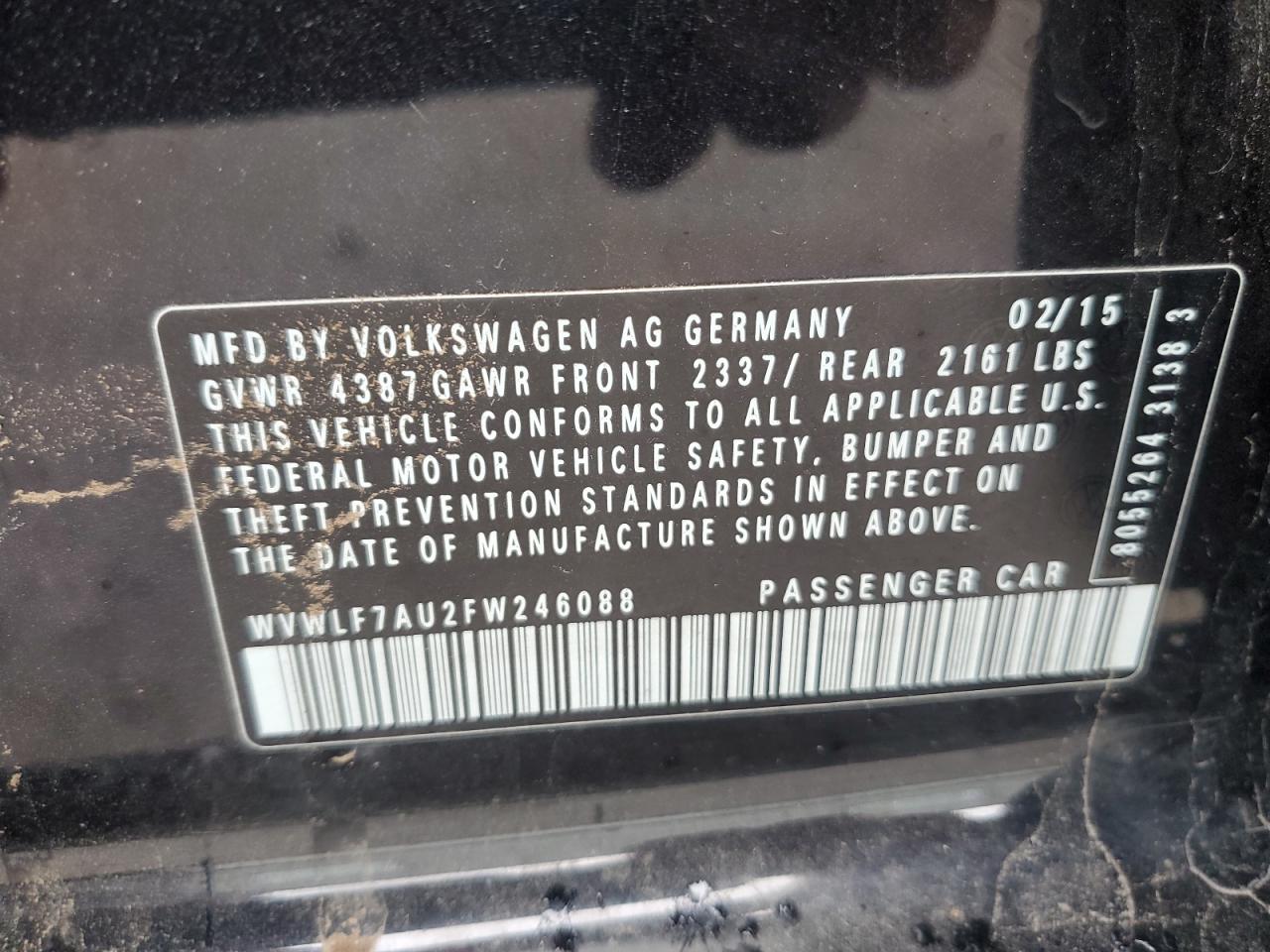 2015 Volkswagen Golf R VIN: WVWLF7AU2FW246088 Lot: 59892665