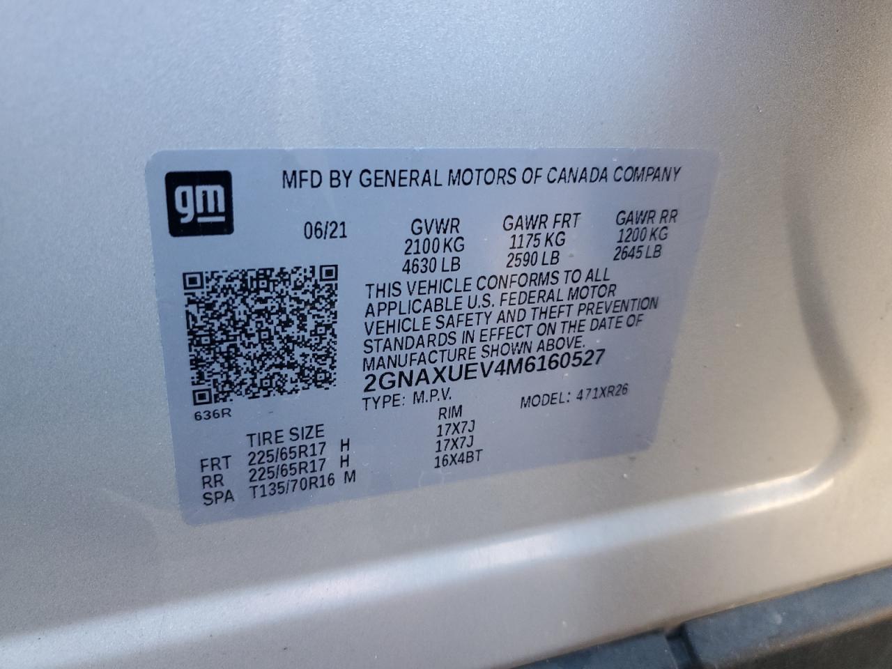 2021 Chevrolet Equinox Lt VIN: 2GNAXUEV4M6160527 Lot: 59049455