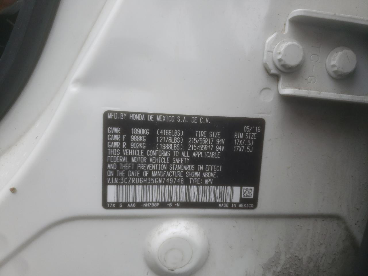 2016 Honda Hr-V Lx VIN: 3CZRU6H35GM749746 Lot: 60785115