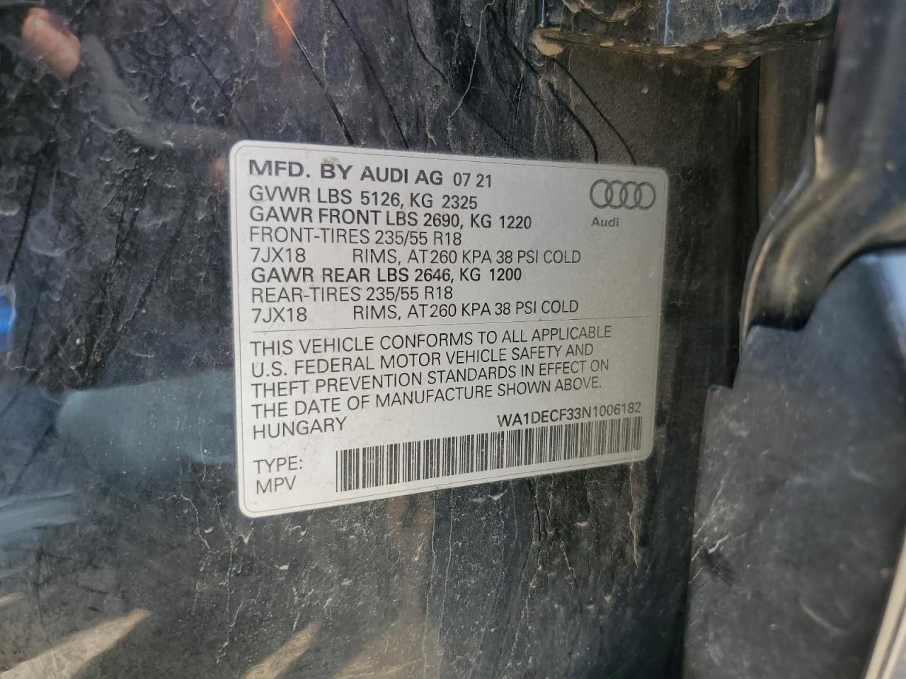 2022 Audi Q3 Premium S Line 45 VIN: WA1DECF33N1006182 Lot: 61027335