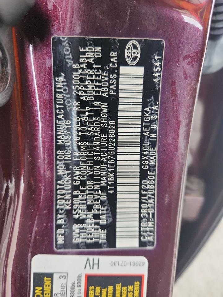 2016 Toyota Avalon Xle VIN: 4T1BK1EB7GU228028 Lot: 60492545