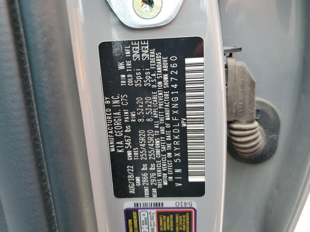 2022 Kia Sorento Sx VIN: 5XYRKDLFXNG147260 Lot: 62208195