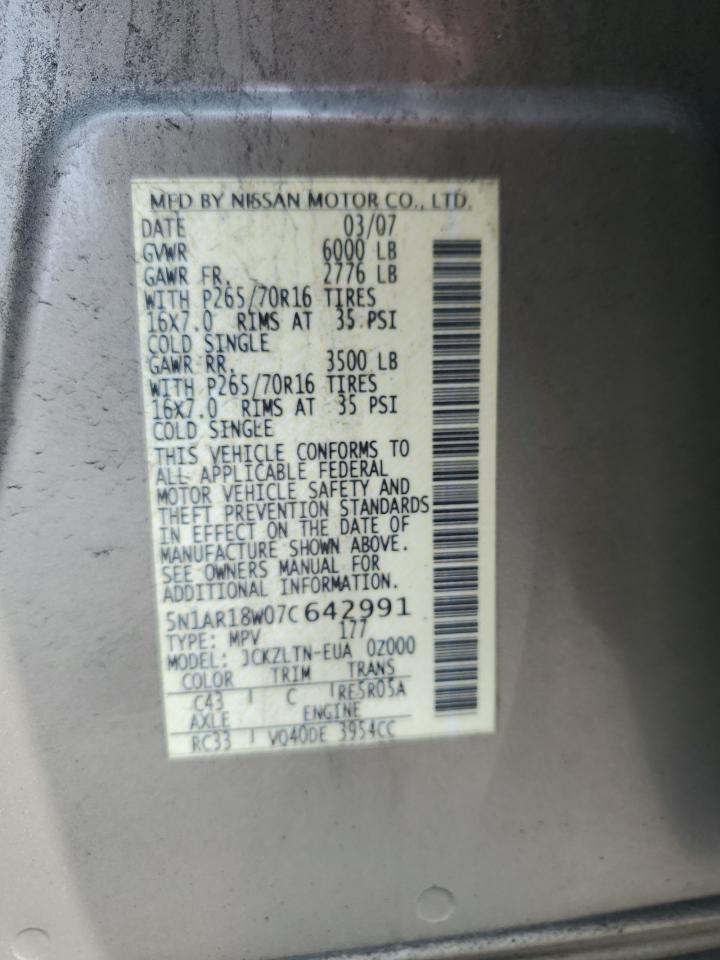 2007 Nissan Pathfinder Le VIN: 5N1AR18W07C642991 Lot: 59701485