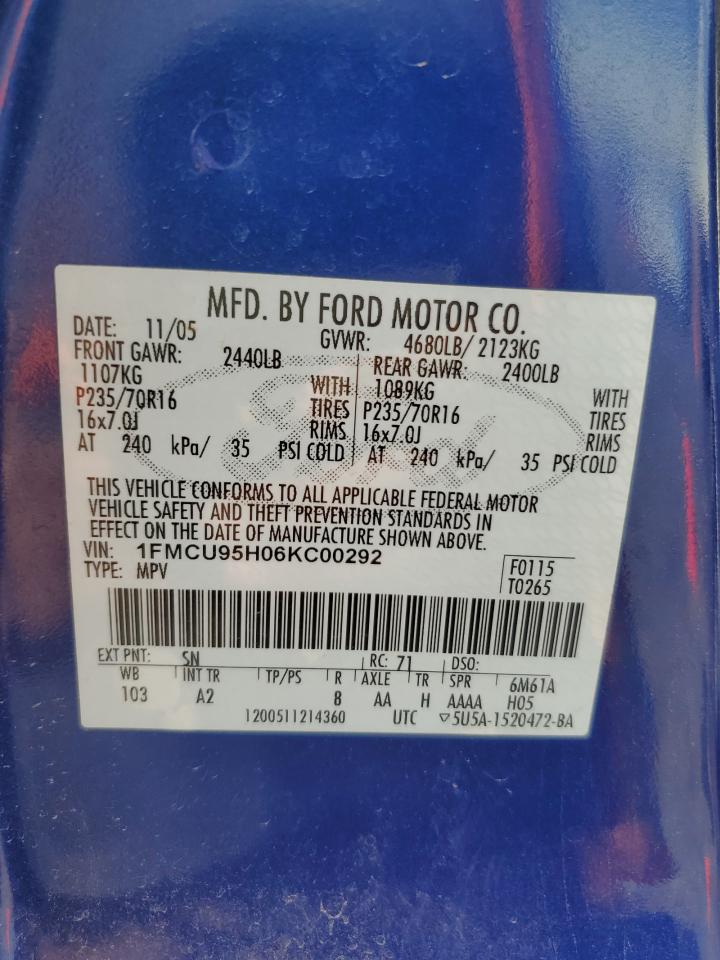 2006 Ford Escape Hev VIN: 1FMCU95H06KC00292 Lot: 62081395