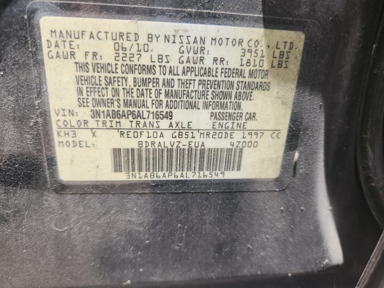 2010 Nissan Sentra 2.0 VIN: 3N1AB6AP6AL716549 Lot: 61755215