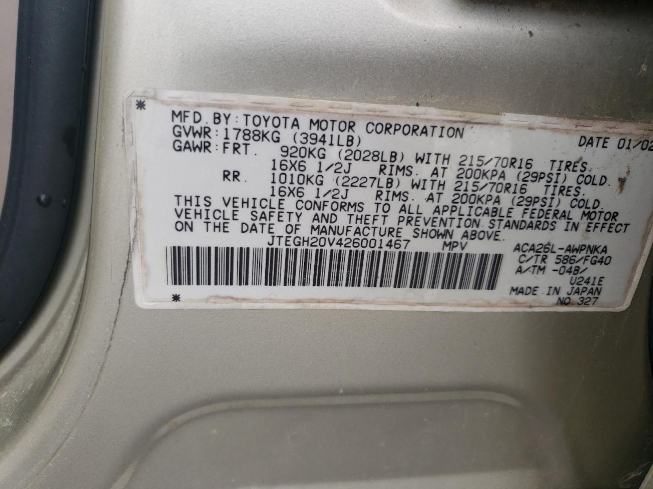 2002 Toyota Rav4 VIN: JTEGH20V426001467 Lot: 60778955