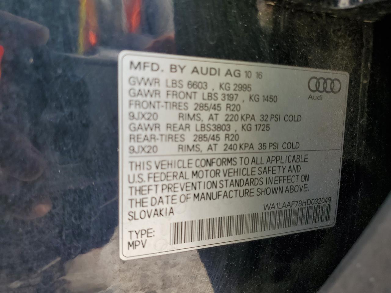 2017 Audi Q7 Premium Plus VIN: WA1LAAF78HD032049 Lot: 59569255