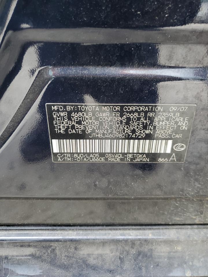 2008 Lexus Es 350 VIN: JTHBJ46G982174729 Lot: 62469625
