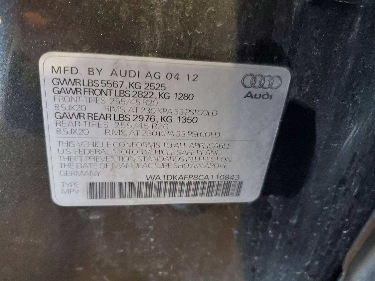 2012 Audi Q5 Premium Plus VIN: WA1DKAFP8CA110843 Lot: 62195795
