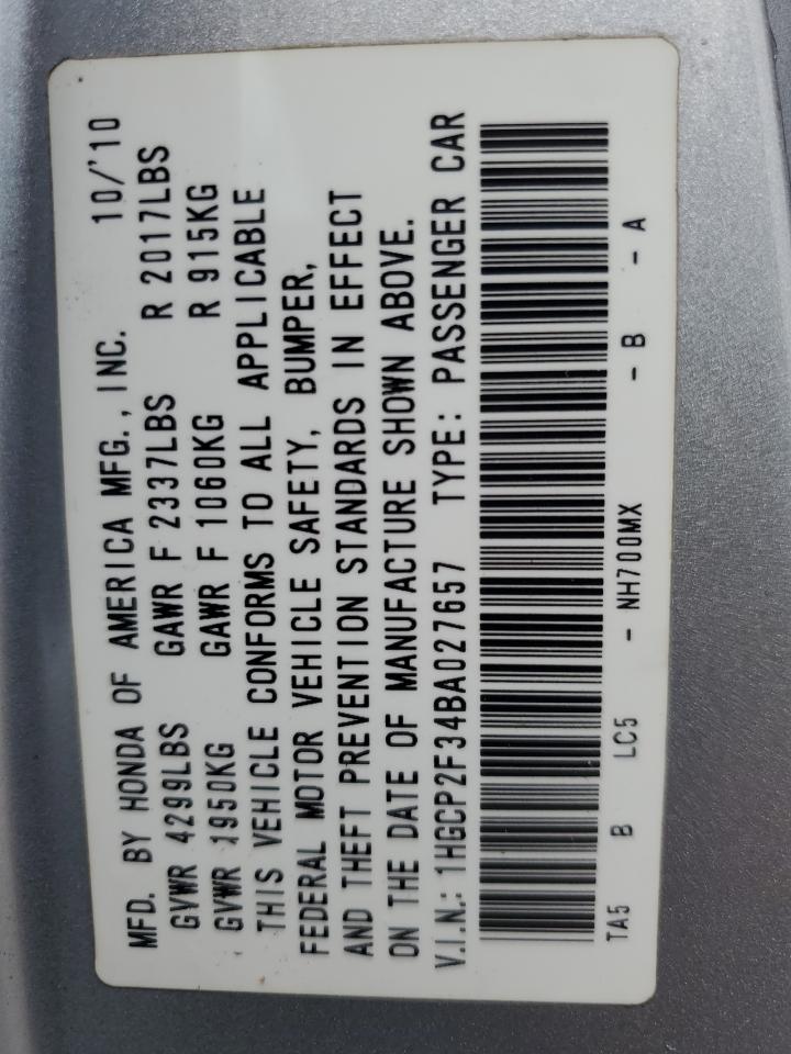 2011 Honda Accord Lx VIN: 1HGCP2F34BA027657 Lot: 59481775